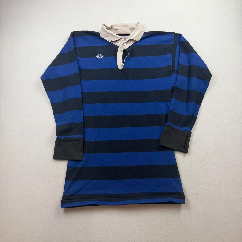 Vintage 70s Rugby Jersey Black & Blue Stripes Heavyweight Jersey Size Small